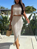 Openwork Round Neck Top & Slit Skirt Sweater Set - EBYNN