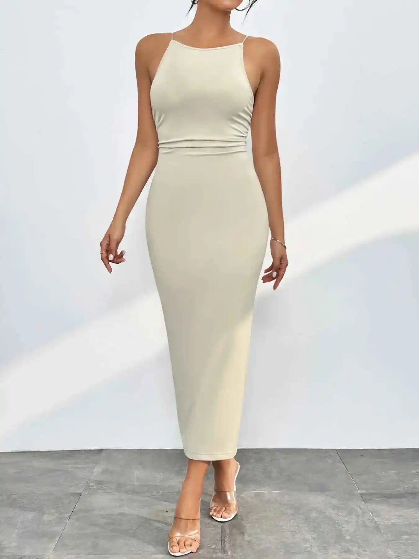Sleek Spaghetti Straps Midi Bodycon Dress.
