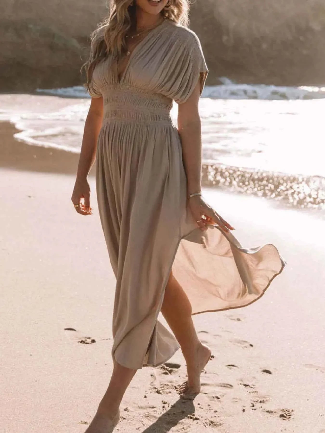 Plus Size Deep V-Neck Maxi Dress with Side Slit.