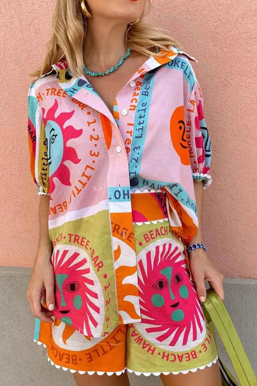 Printed Button Down Shirt and Shorts Set - EBYNN