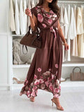 Floral Tie Waist Cap Sleeve Dress.