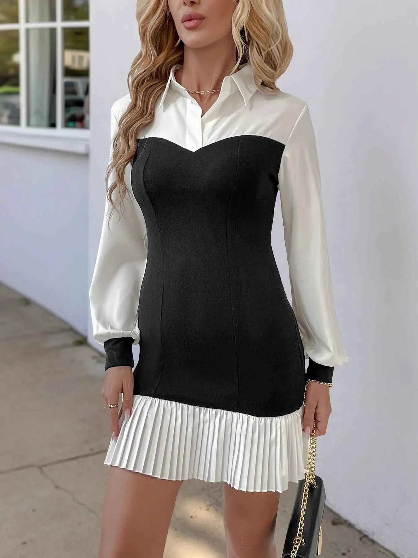 Two Tone Pleated Long Sleeve Shirt Dress.