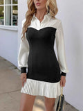 Two Tone Pleated Long Sleeve Shirt Dress.