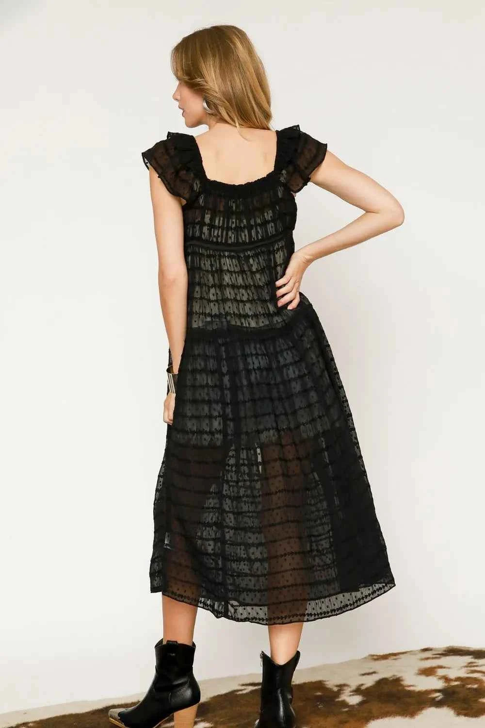 Umgee Sheer Black Lace Ruffled Cap Sleeve Cover Up.