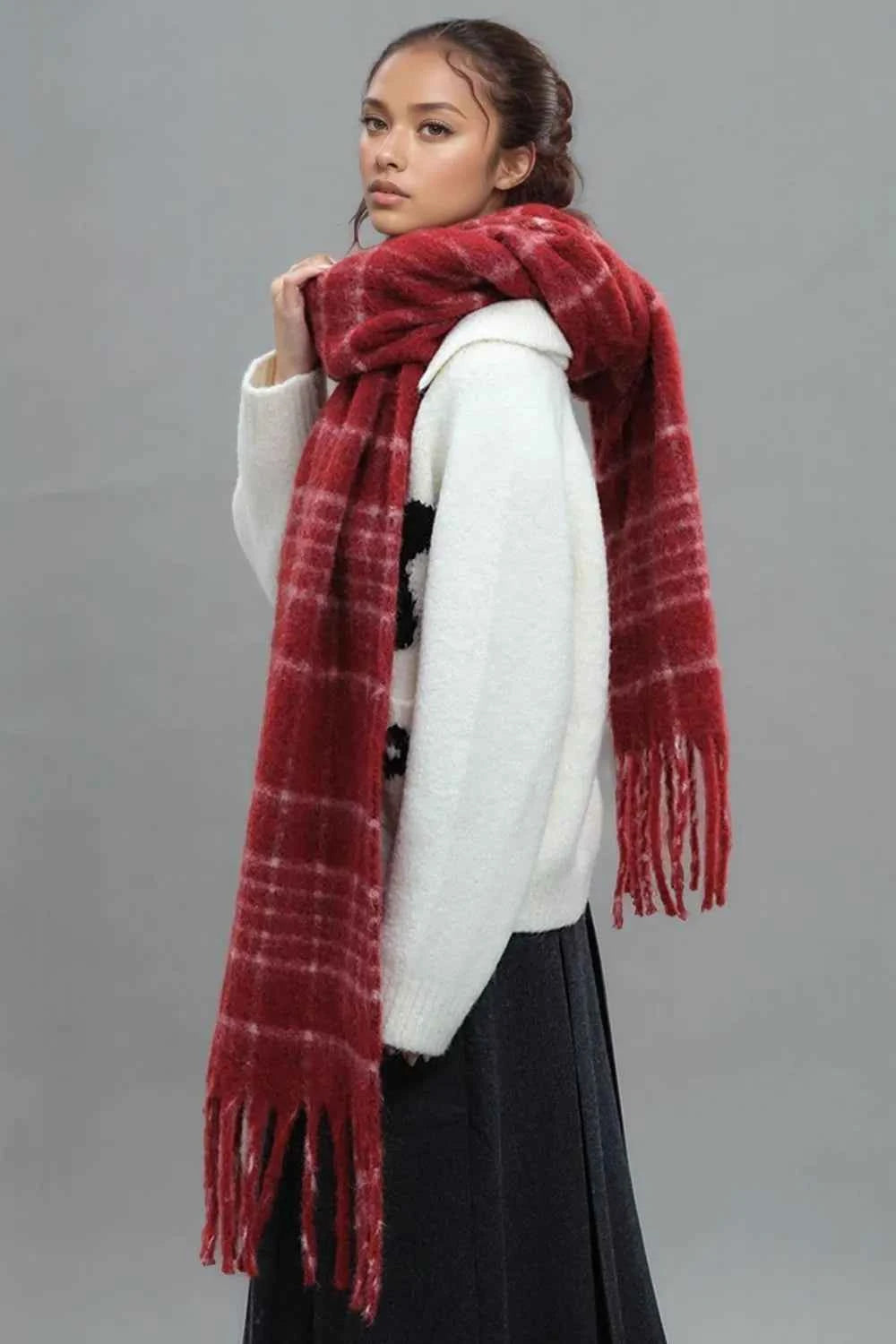 Fringe Plaid Thermal Scarf.