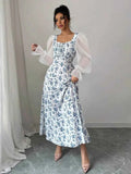 Floral Print Flounce Sleeve Maxi Dress.
