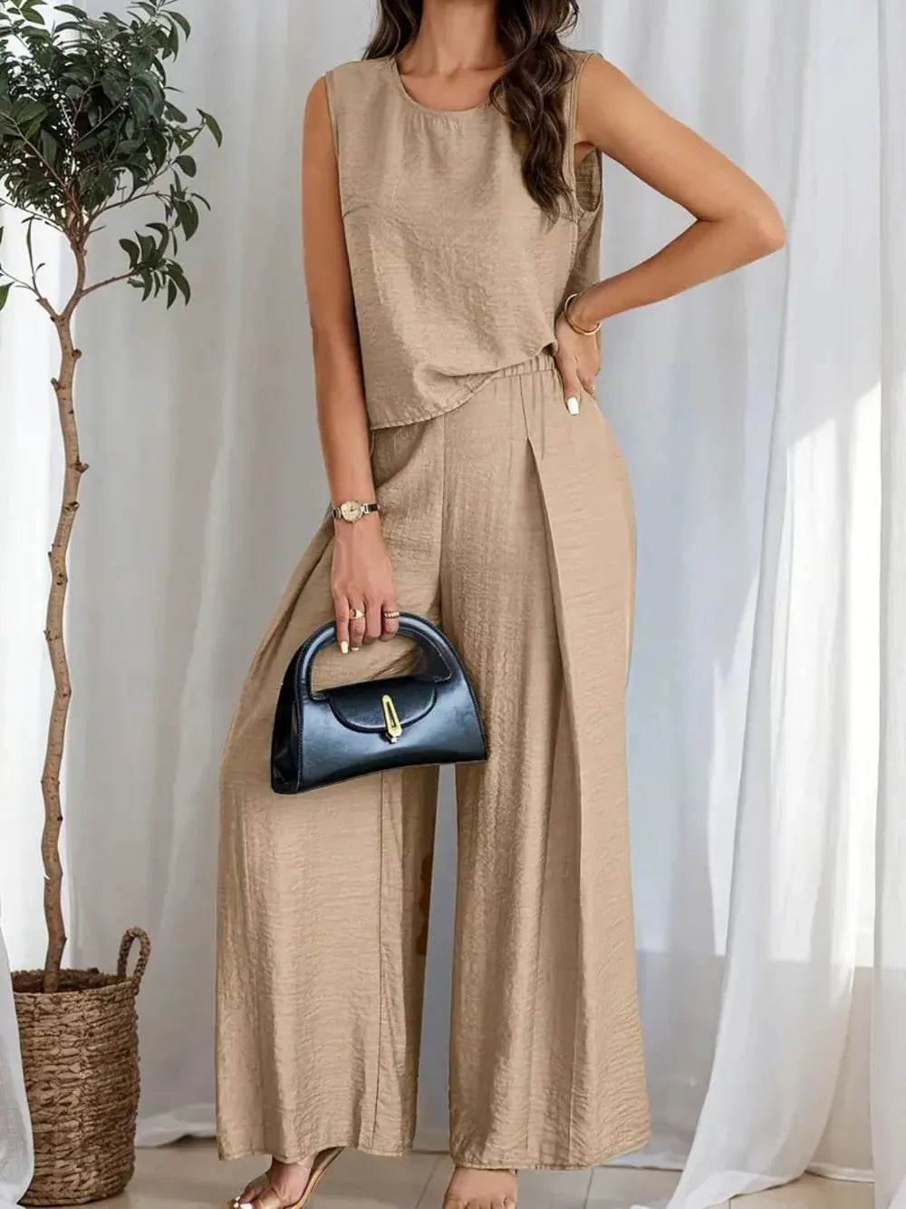 Ruched Round Neck Sleeveless Top and Wide Leg Pants Set - EBYNN