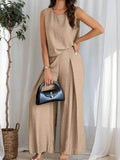 Ruched Round Neck Sleeveless Top and Wide Leg Pants Set - EBYNN