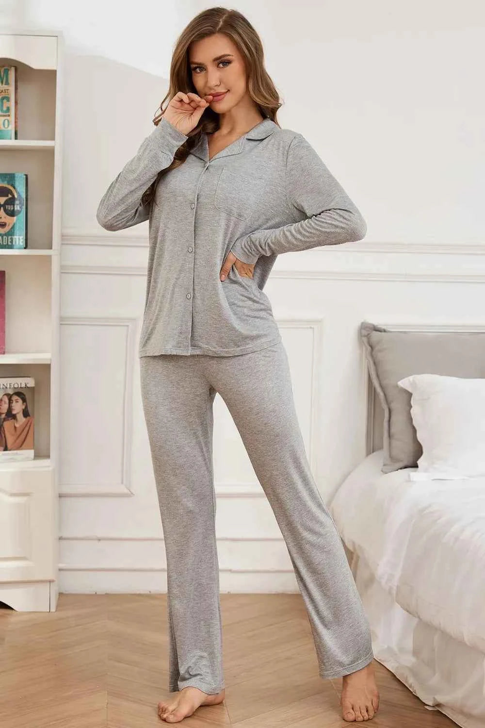 Button Up Long Sleeve Top & Pants Lounge Set.