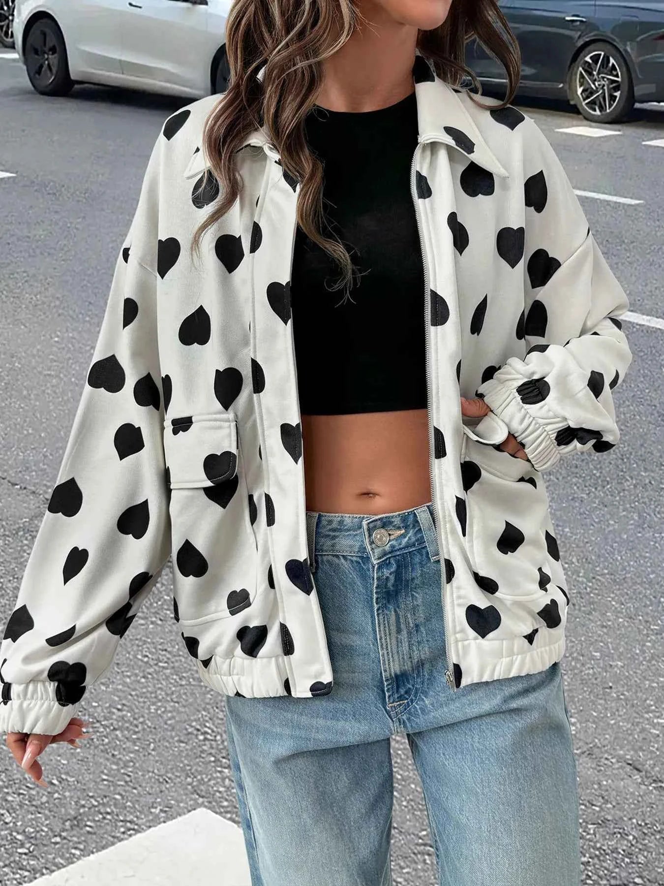 Heart Print Zip Up Jacket.