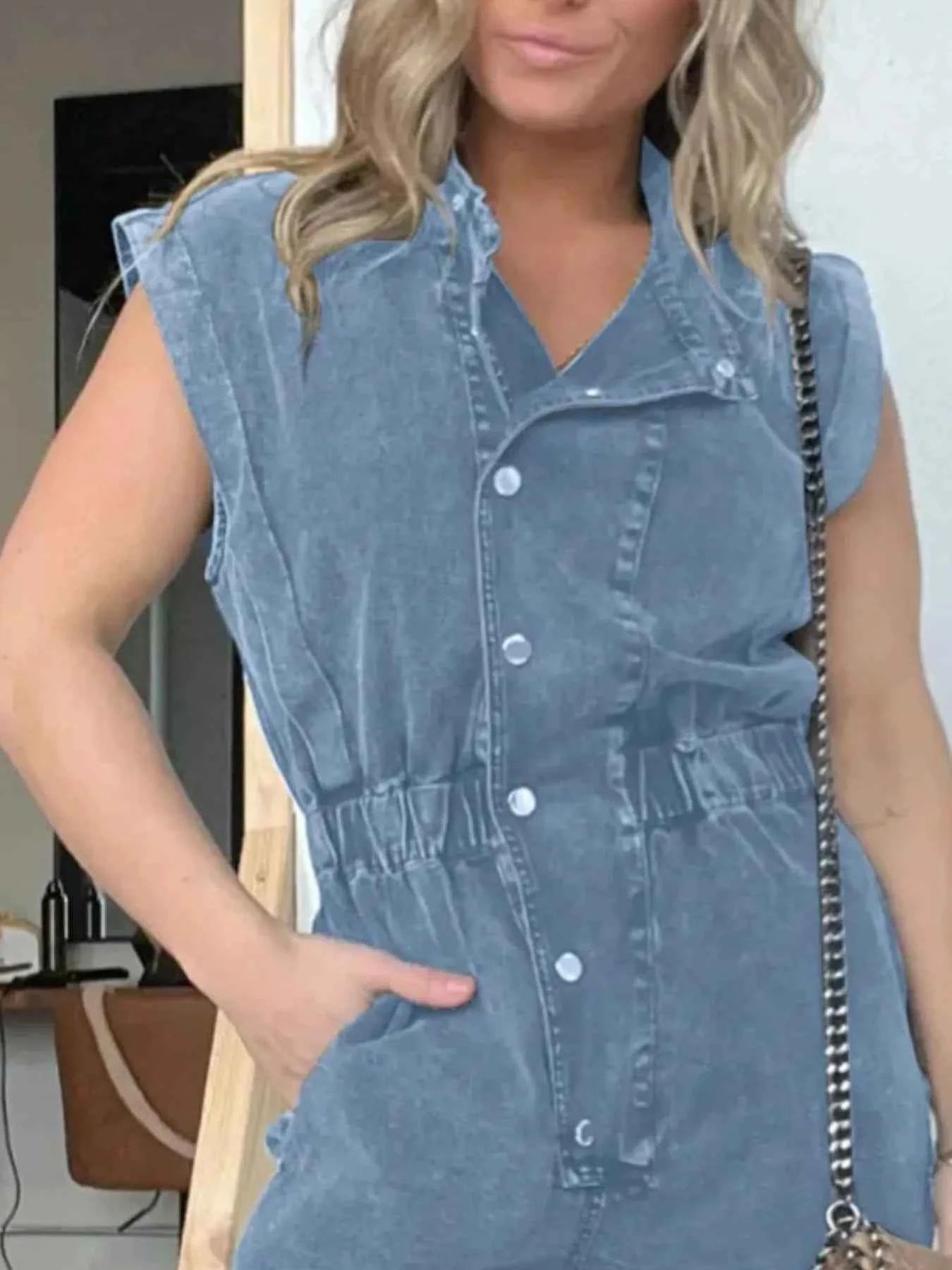 Plus Size Button Front Cap Sleeve Denim Jumpsuit.