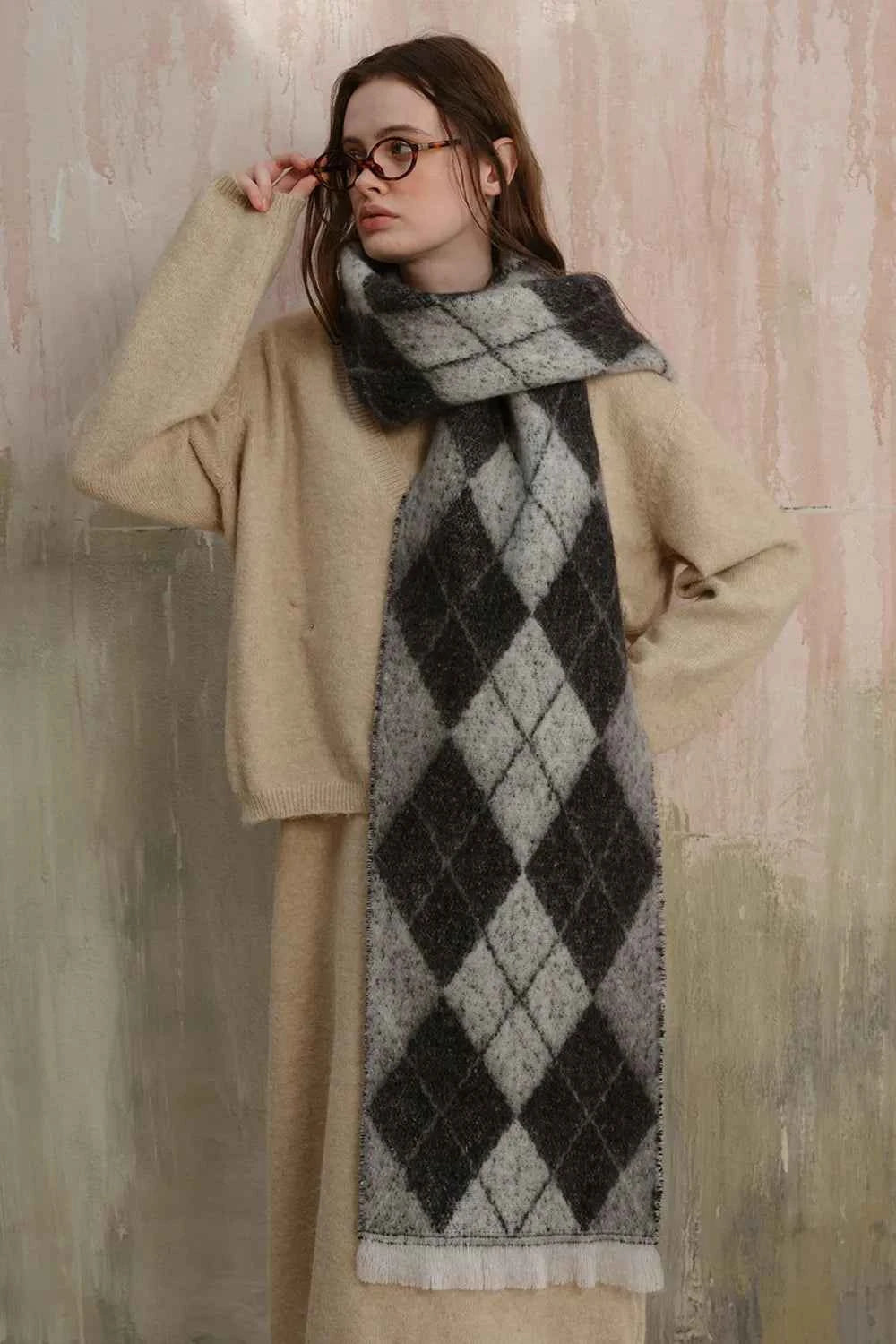 Fringe Argyle Polyester Scarf.