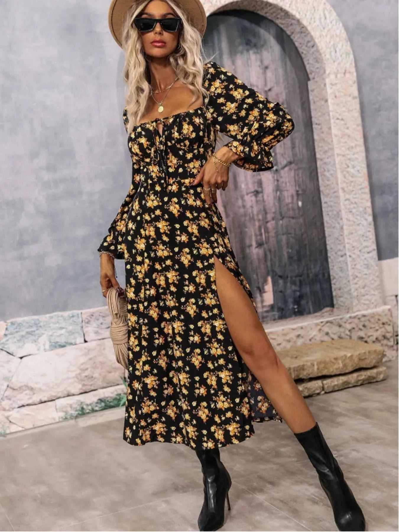 Floral Print Square Neck Dress with Flounce Sleeves.