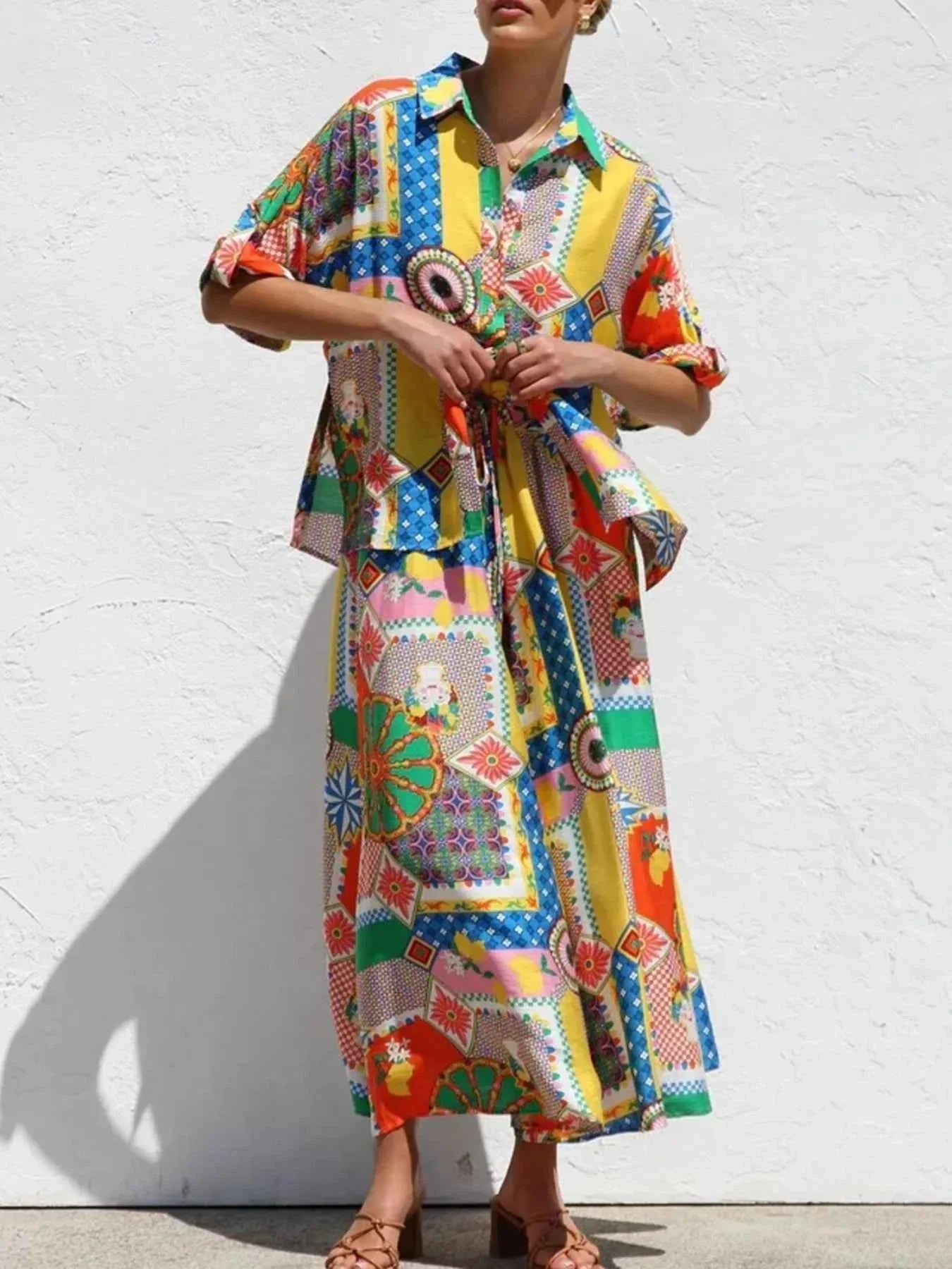 Printed Button Up Shirt and Pants Set.