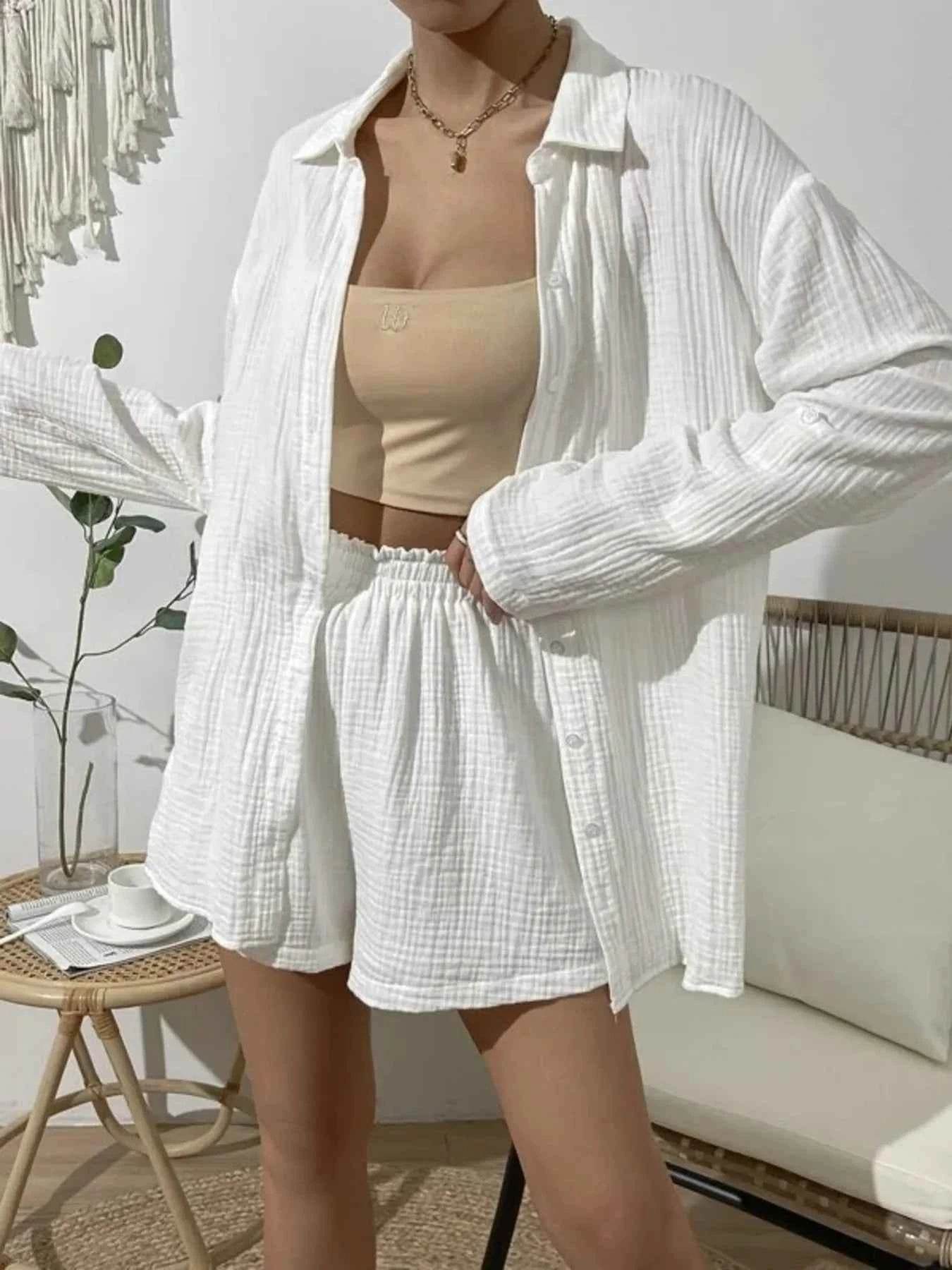 Texture Button Up Shirt and Shorts Set - EBYNN