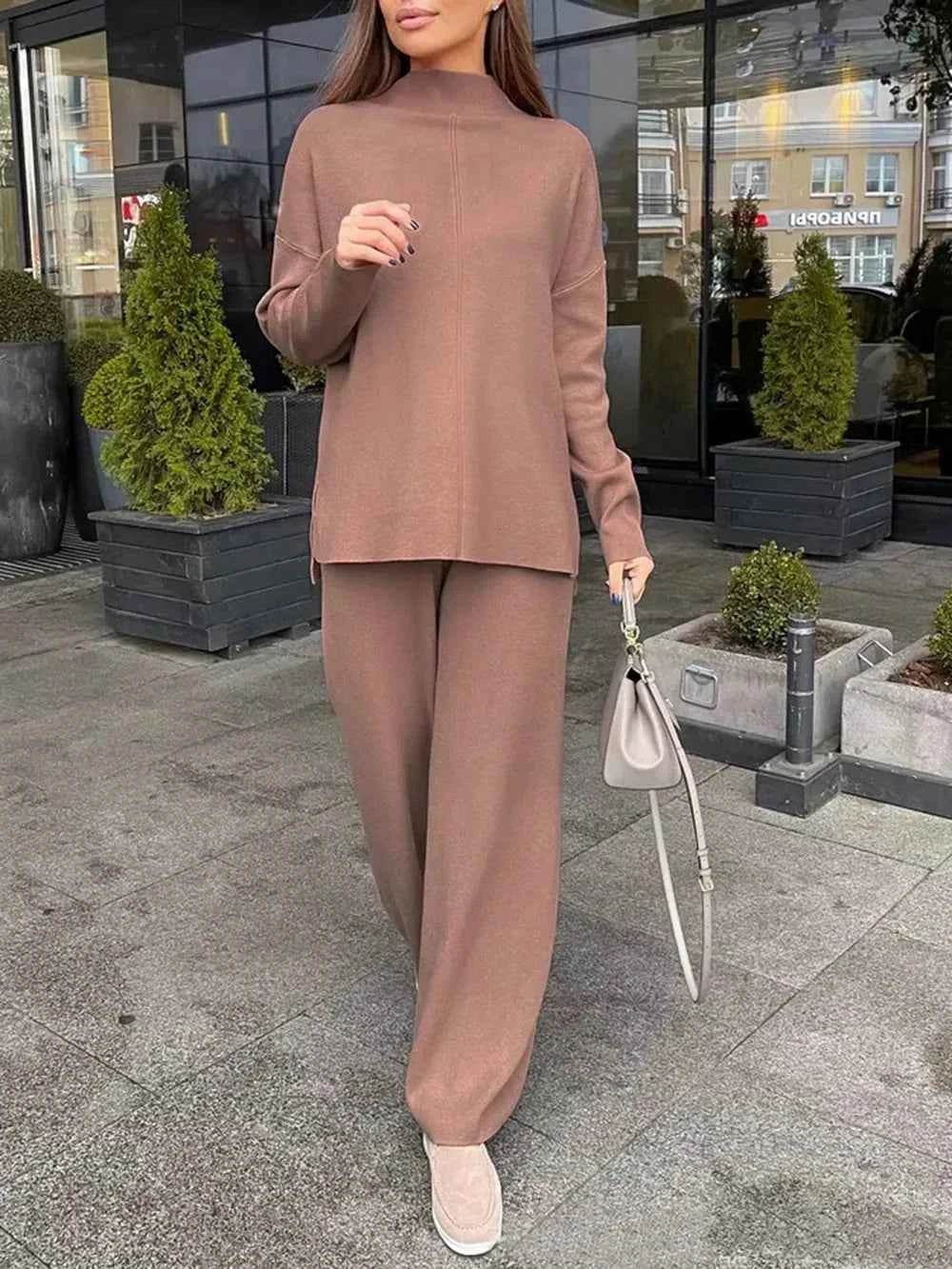 Slit Mock Neck Top and Pants Sweater Set - EBYNN