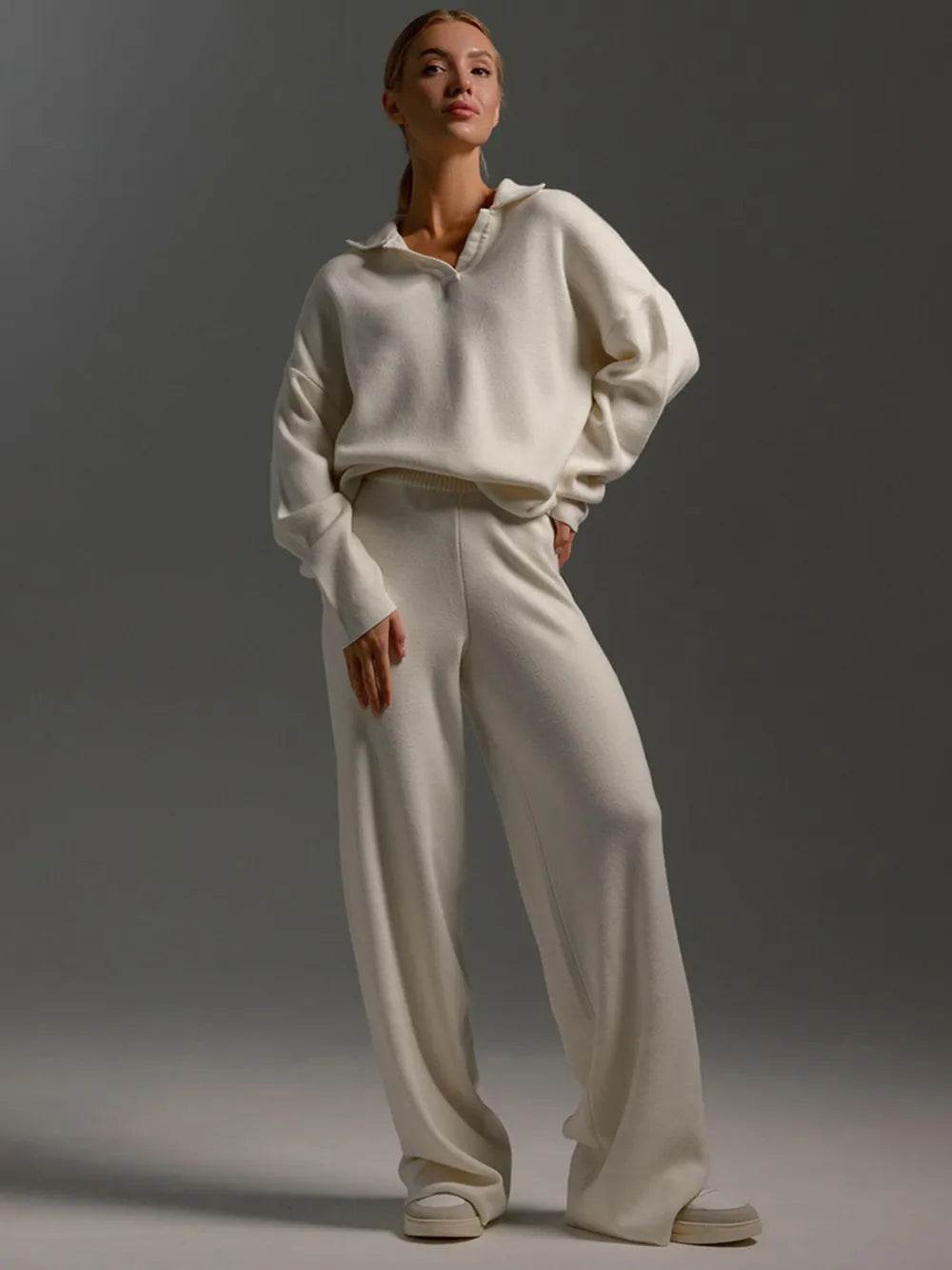 Johnny Collar Long Sleeve Top and Pants Sweater Set - EBYNN