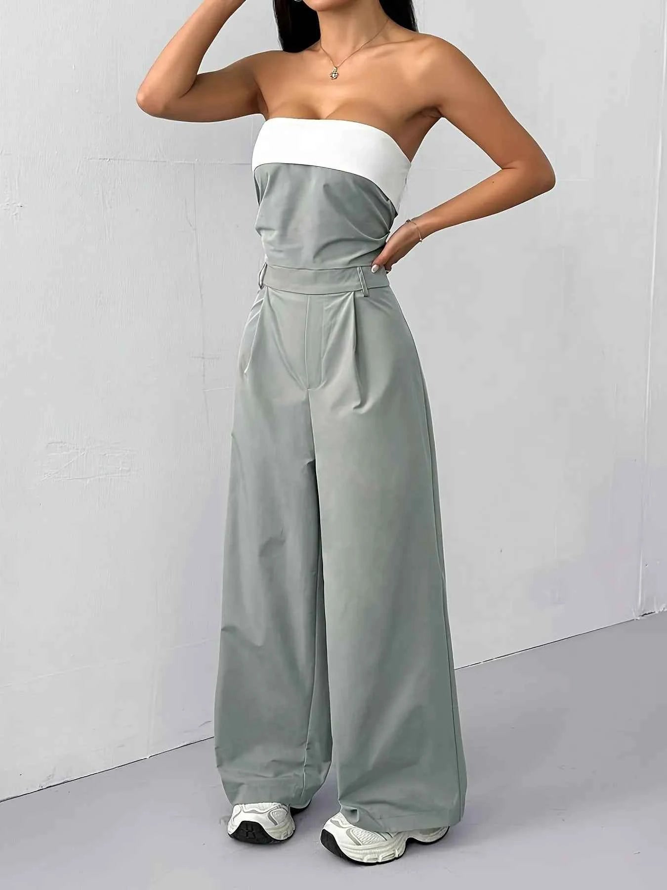 Strapless Color Block Wide Leg Jumpsuit.