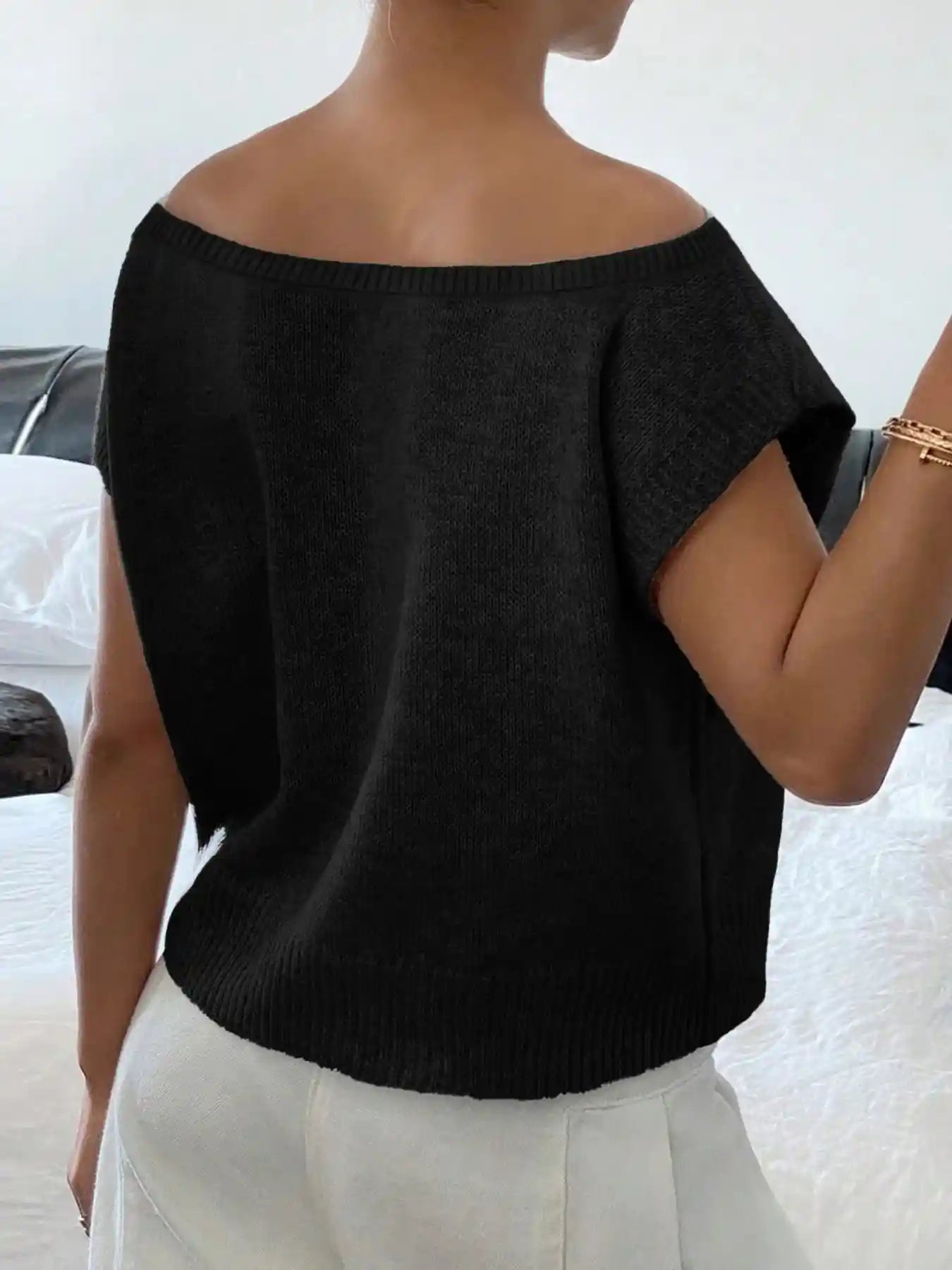 Ribbed Hem Boat Neck Sweater.