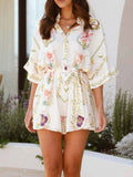 Printed Tie Waist Half Sleeve Romper.