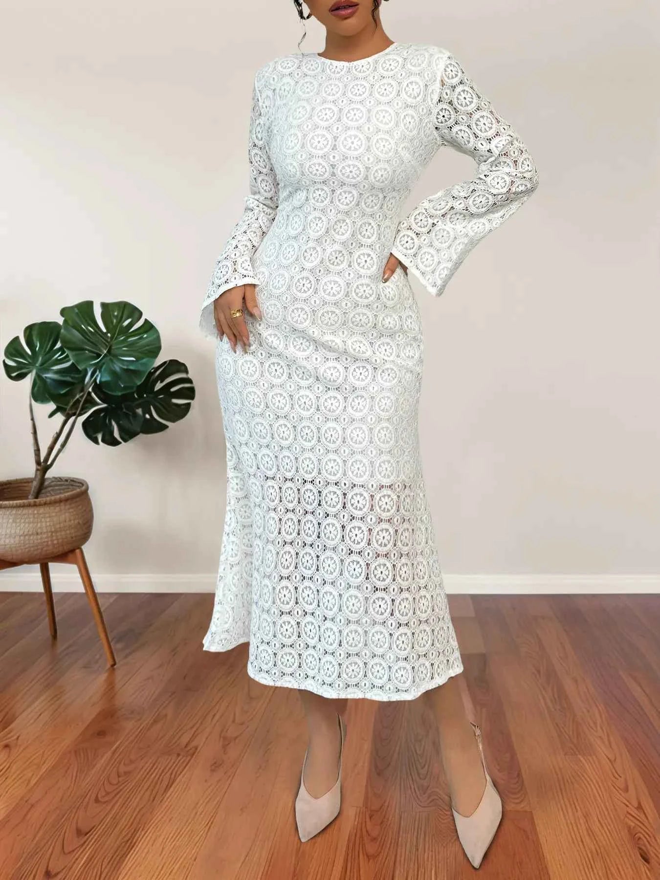 Lace Long Sleeve Midi Dress.
