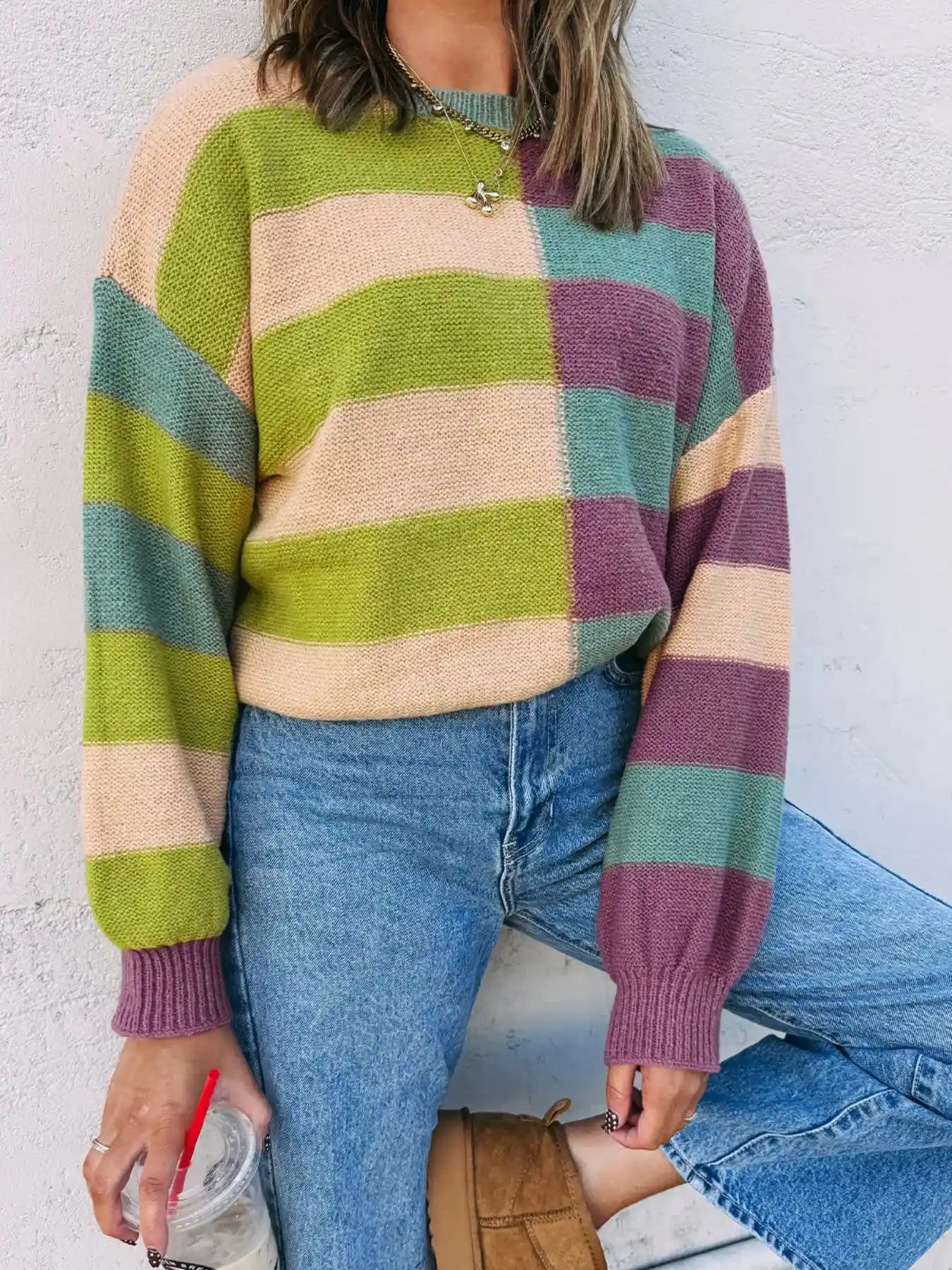 Stripe Drop Shoulder Ribbed Edge Sweater.