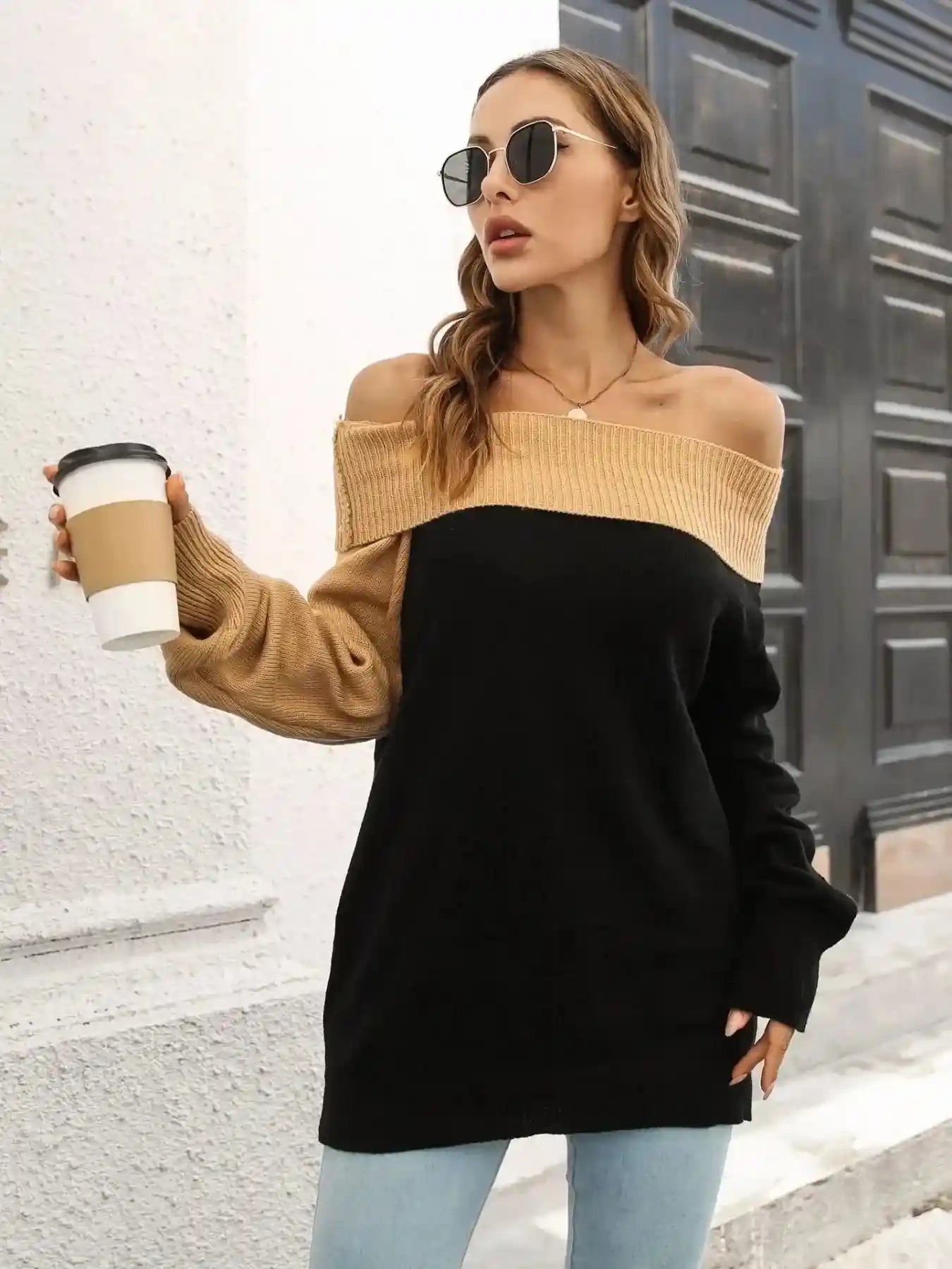 Asymmetrical Color Block Long Sleeve Sweater.