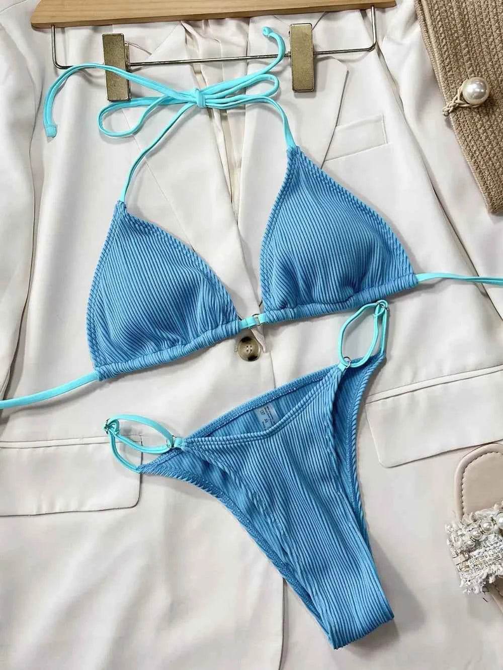 Ribbed Tie Back High Cut Bikini Set.