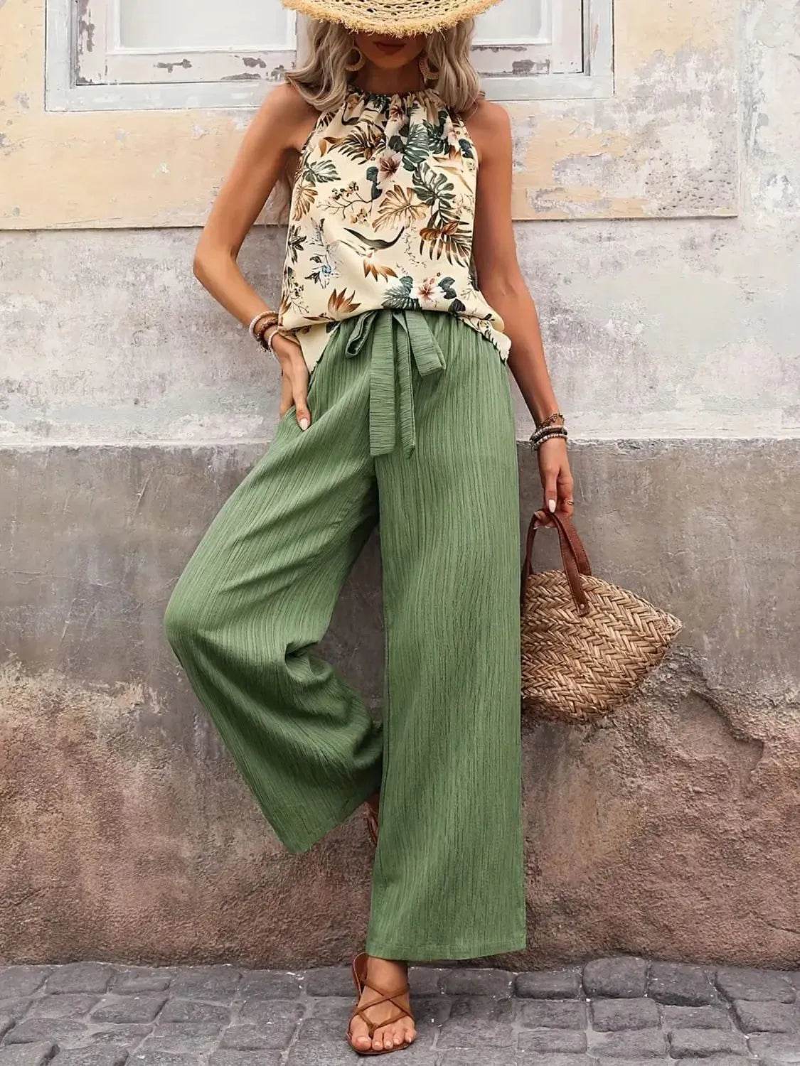 Printed Tank Top and Wide Leg Pants Set for Effortless Style - EBYNN
