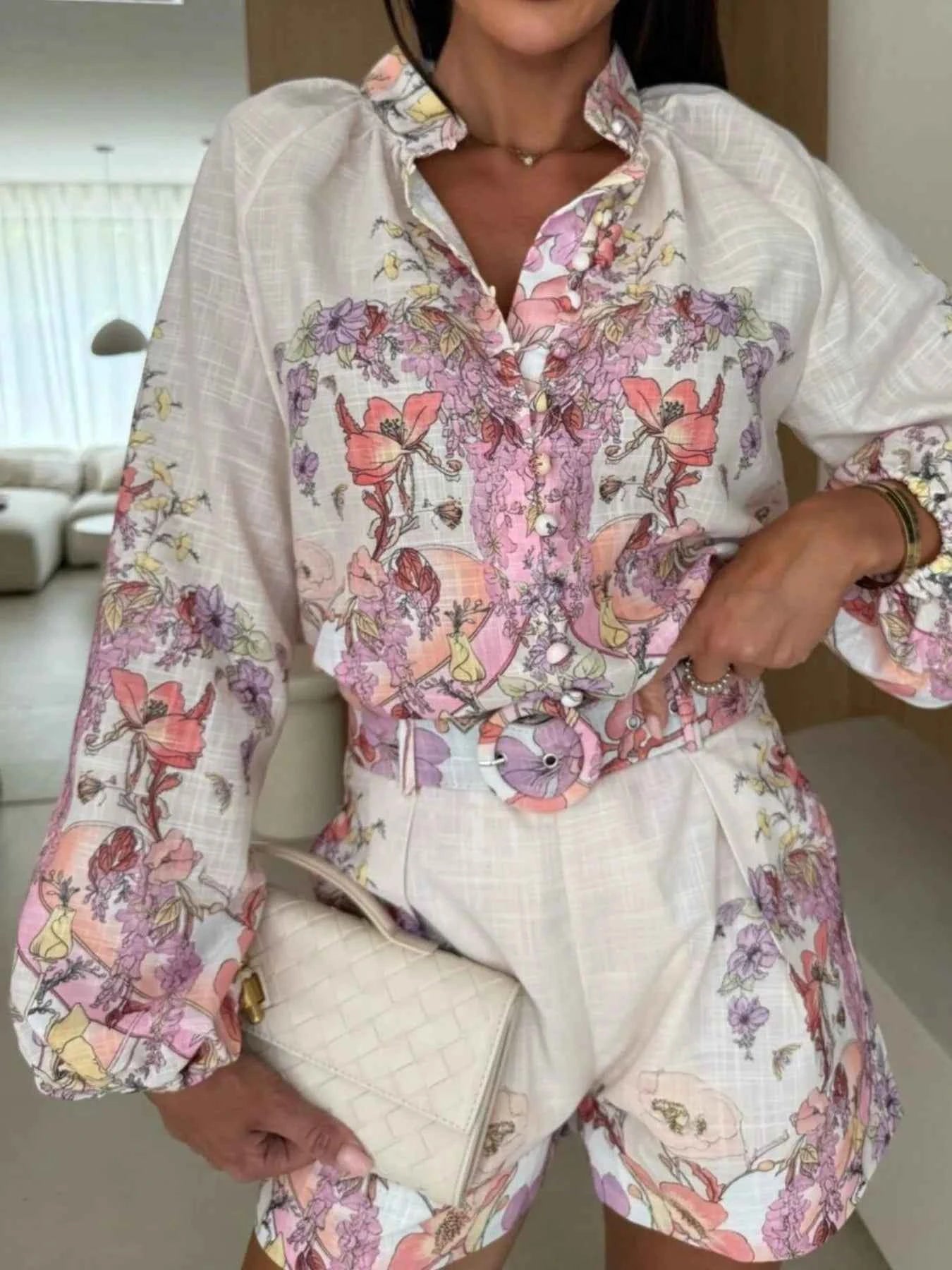 Printed Long Sleeve Shirt and Shorts Set.