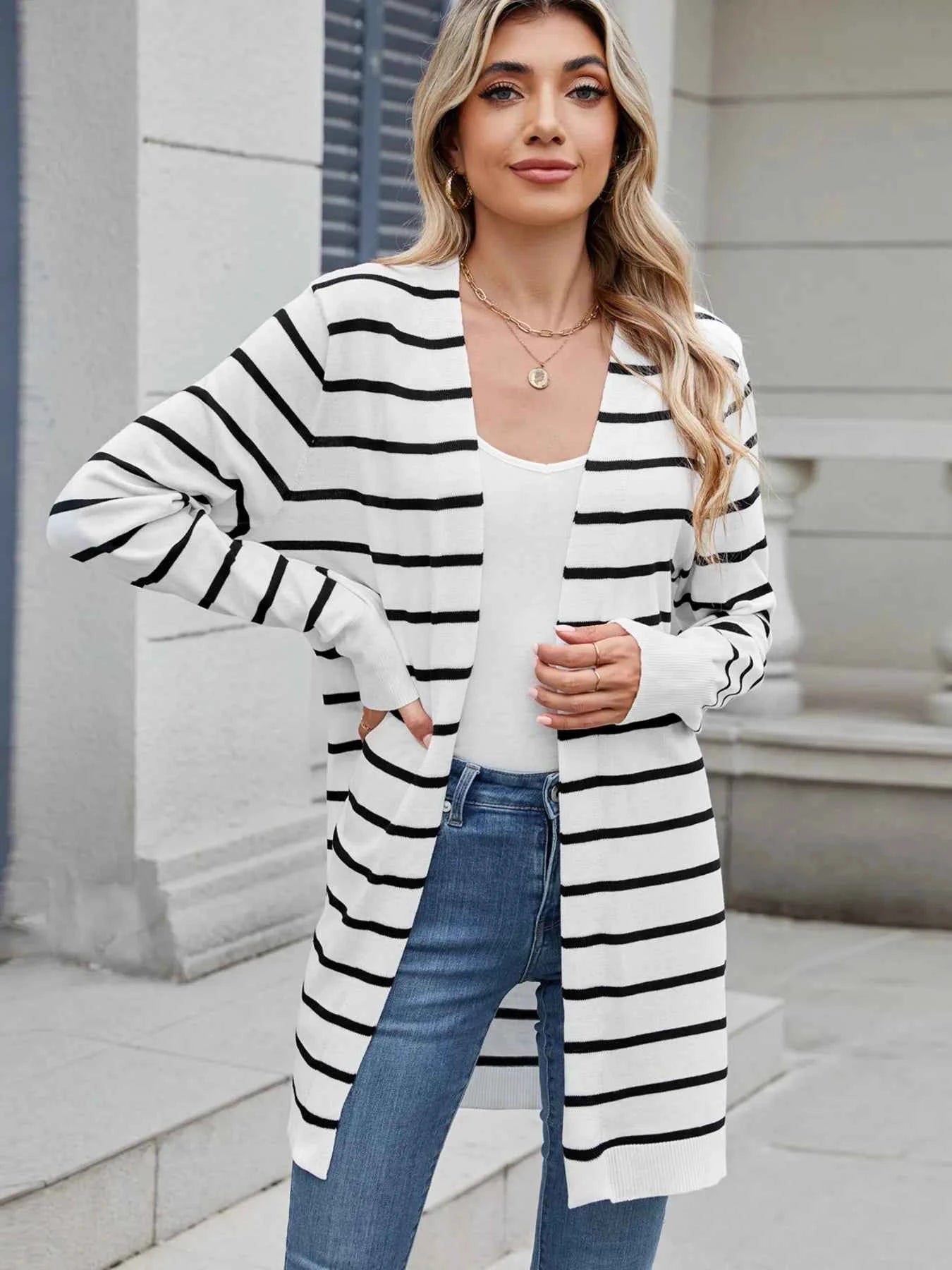Striped Open Front Cardigan - Relaxed Fit.