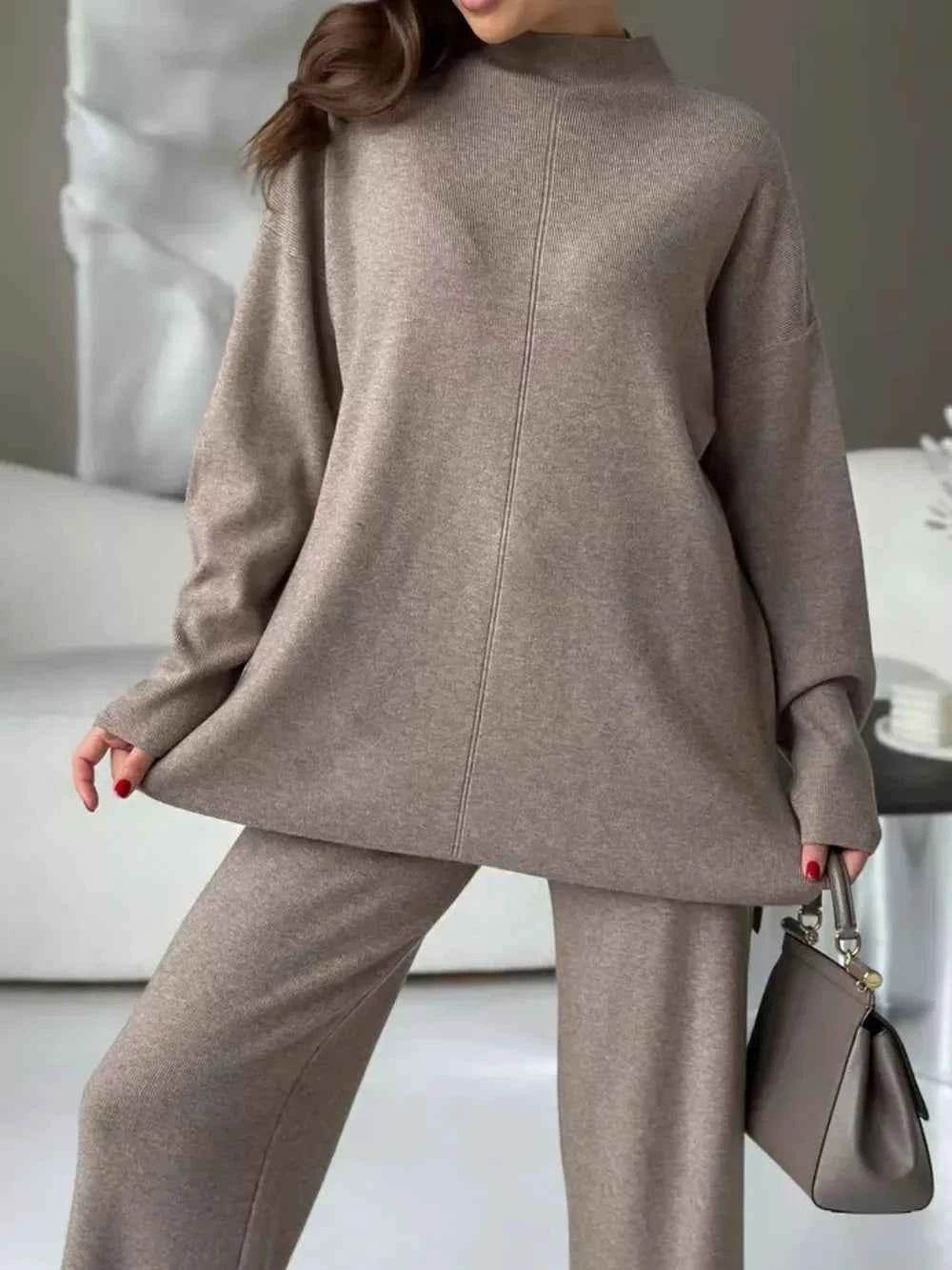 Slit Mock Neck Top and Pants Sweater Set - EBYNN