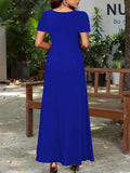 Plus Size A-Line Maxi Dress with Round Neck and Short Sleeves.