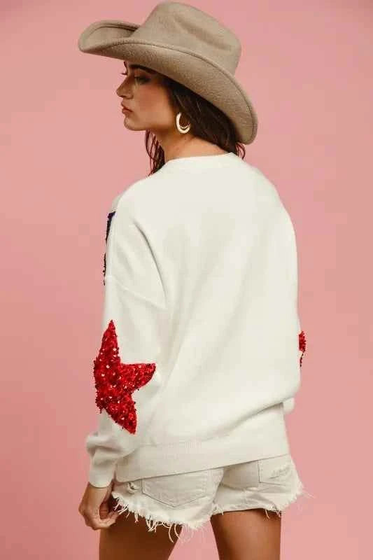 BiBi Velvet Sequin Star Patches Sweater Top.