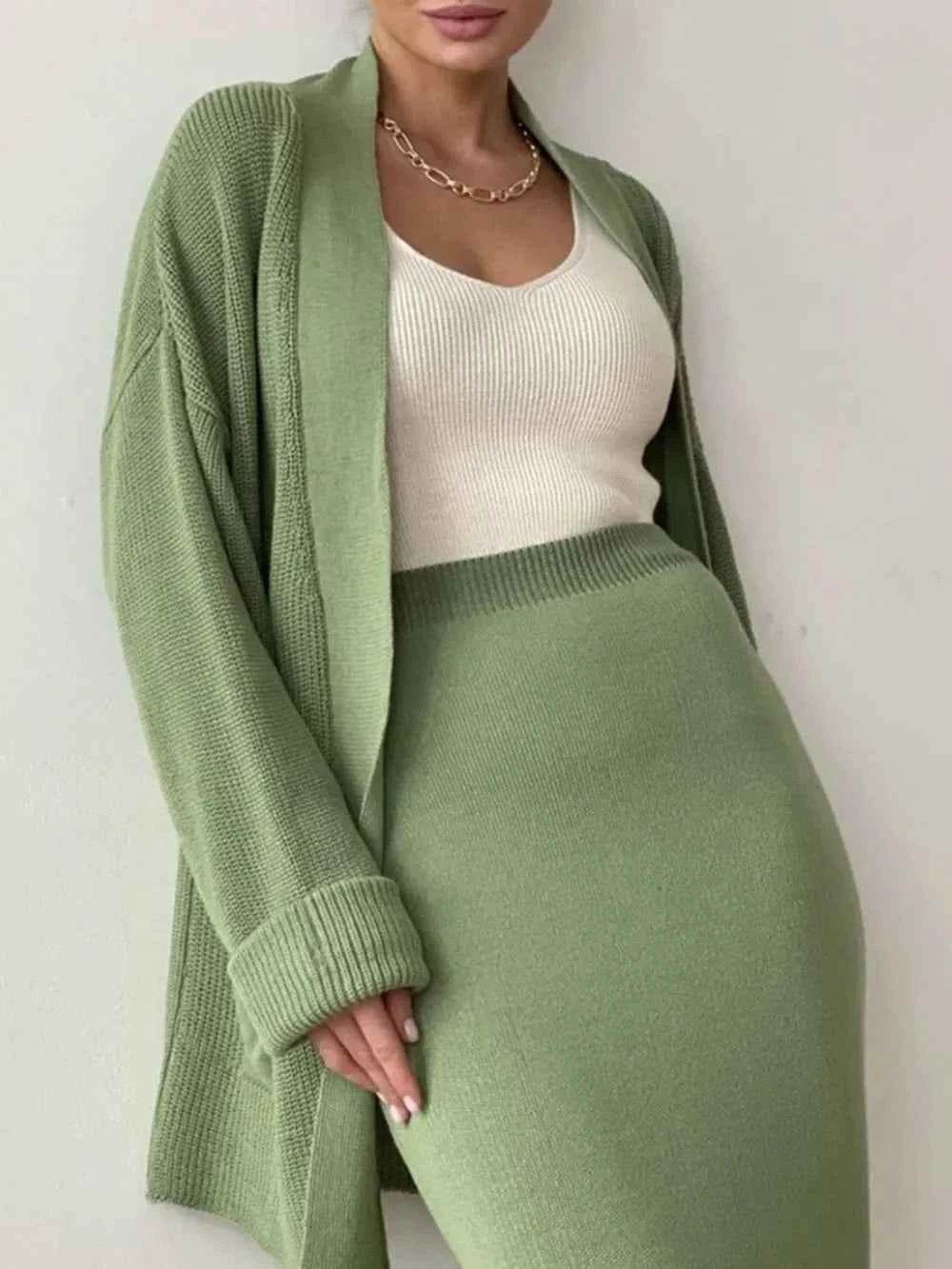 Pocketed Long Sleeve Cardigan and Skirt Sweater Set.