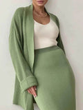 Pocketed Long Sleeve Cardigan and Skirt Sweater Set.