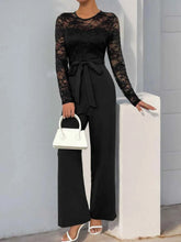 Perfee Lace Round Neck Long Sleeve Jumpsuit.