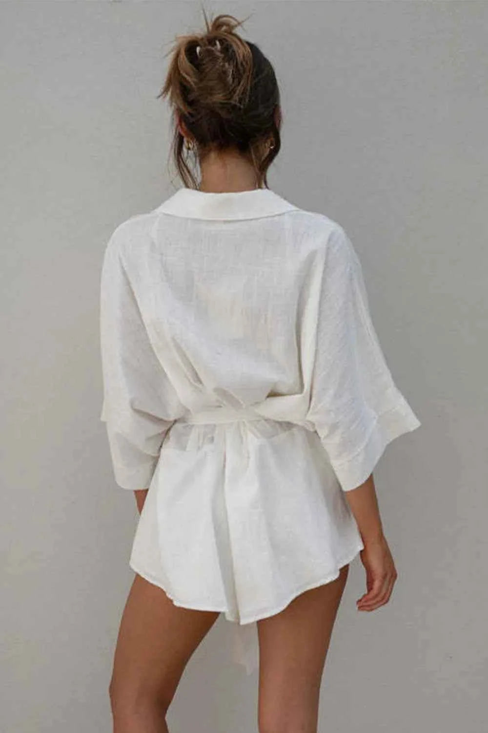 Tied Button Up Collared Neck Cotton Romper.
