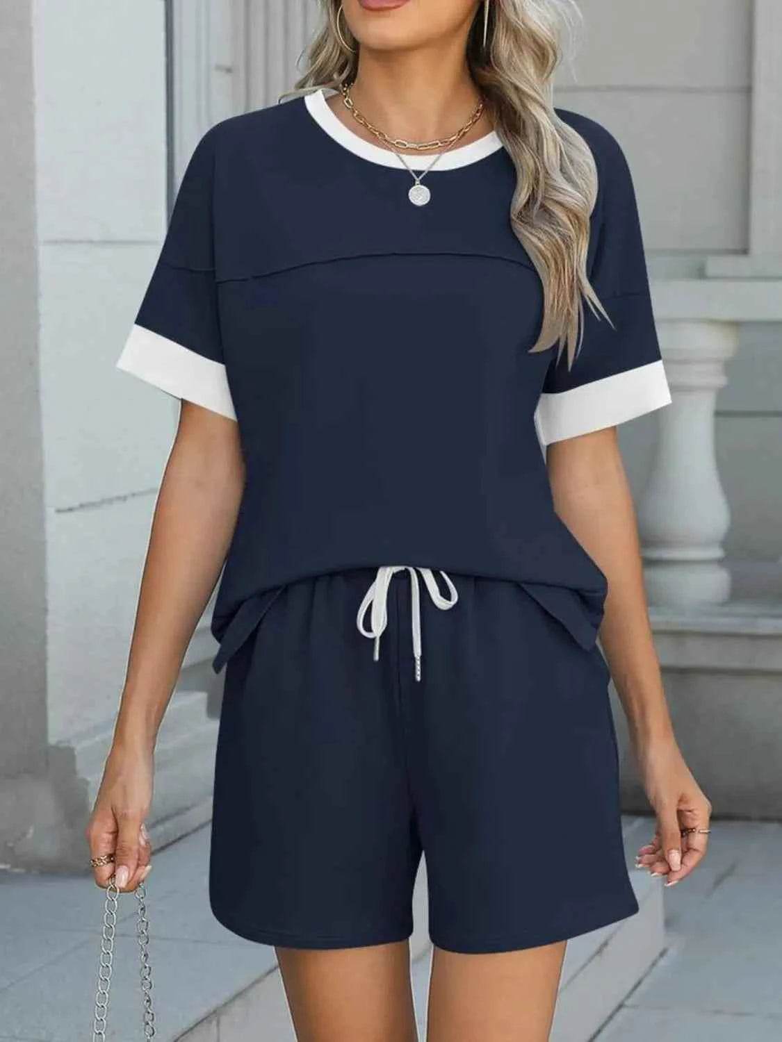 Sleek Round Neck Short Sleeve Top & Shorts Set - EBYNN