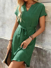 Notched Short Sleeve Tie Waist Dress.