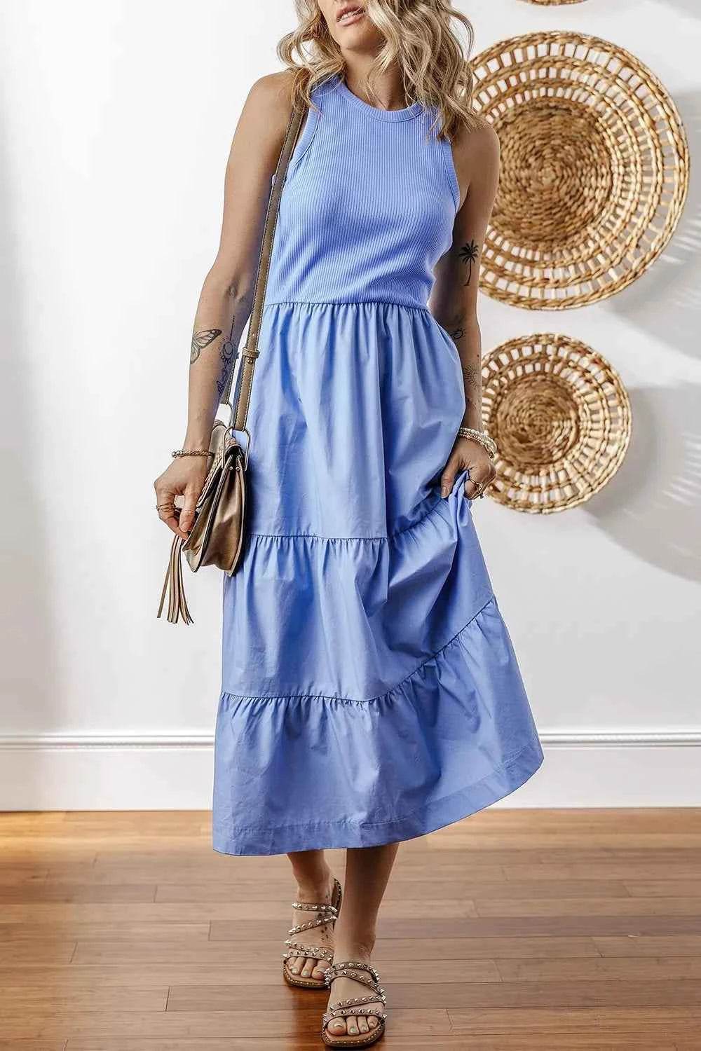 Ribbed Midi Dress with Patchwork and Pockets.