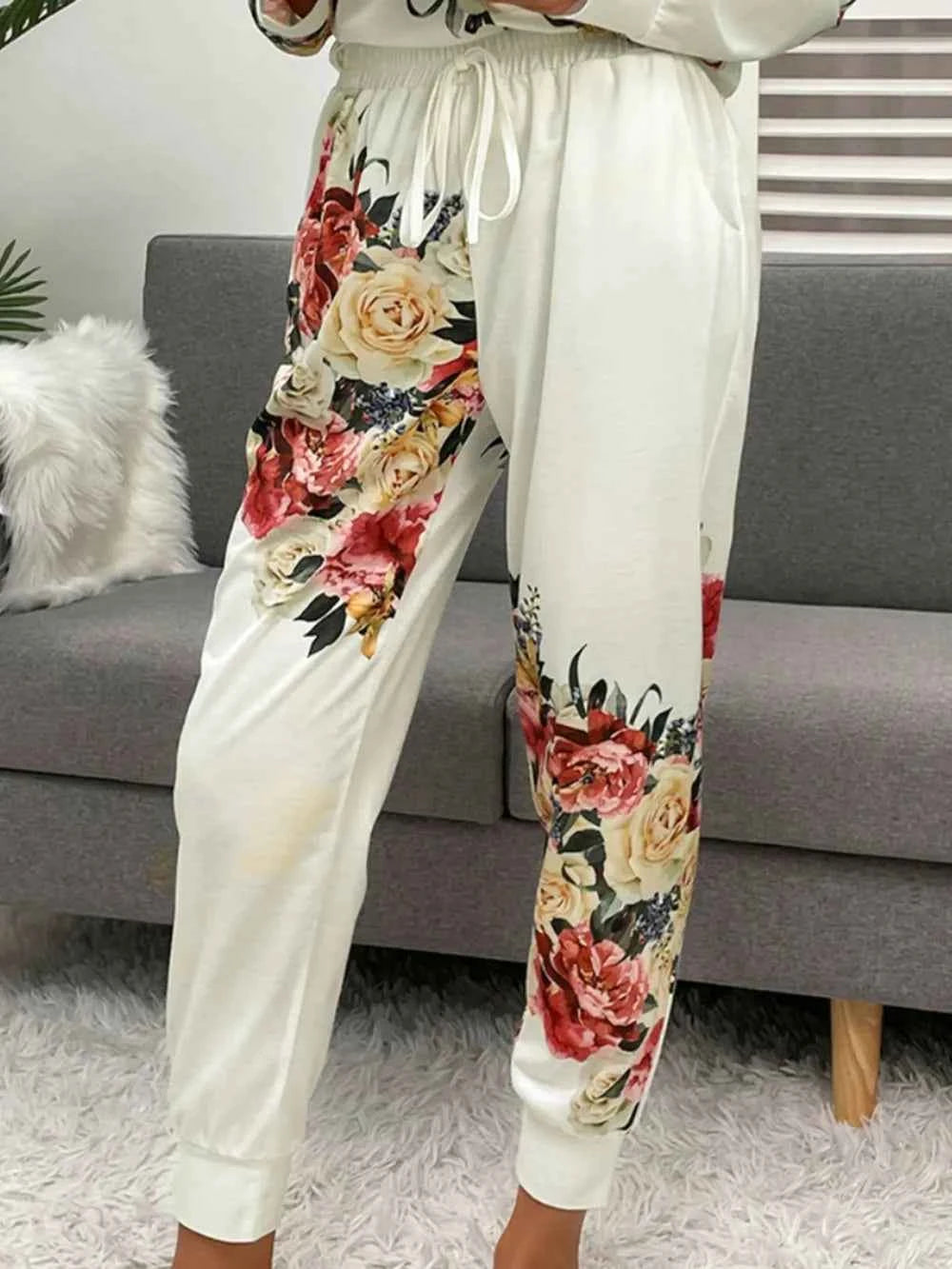 Shiny Printed Round Neck Top and Pants Lounge Set.