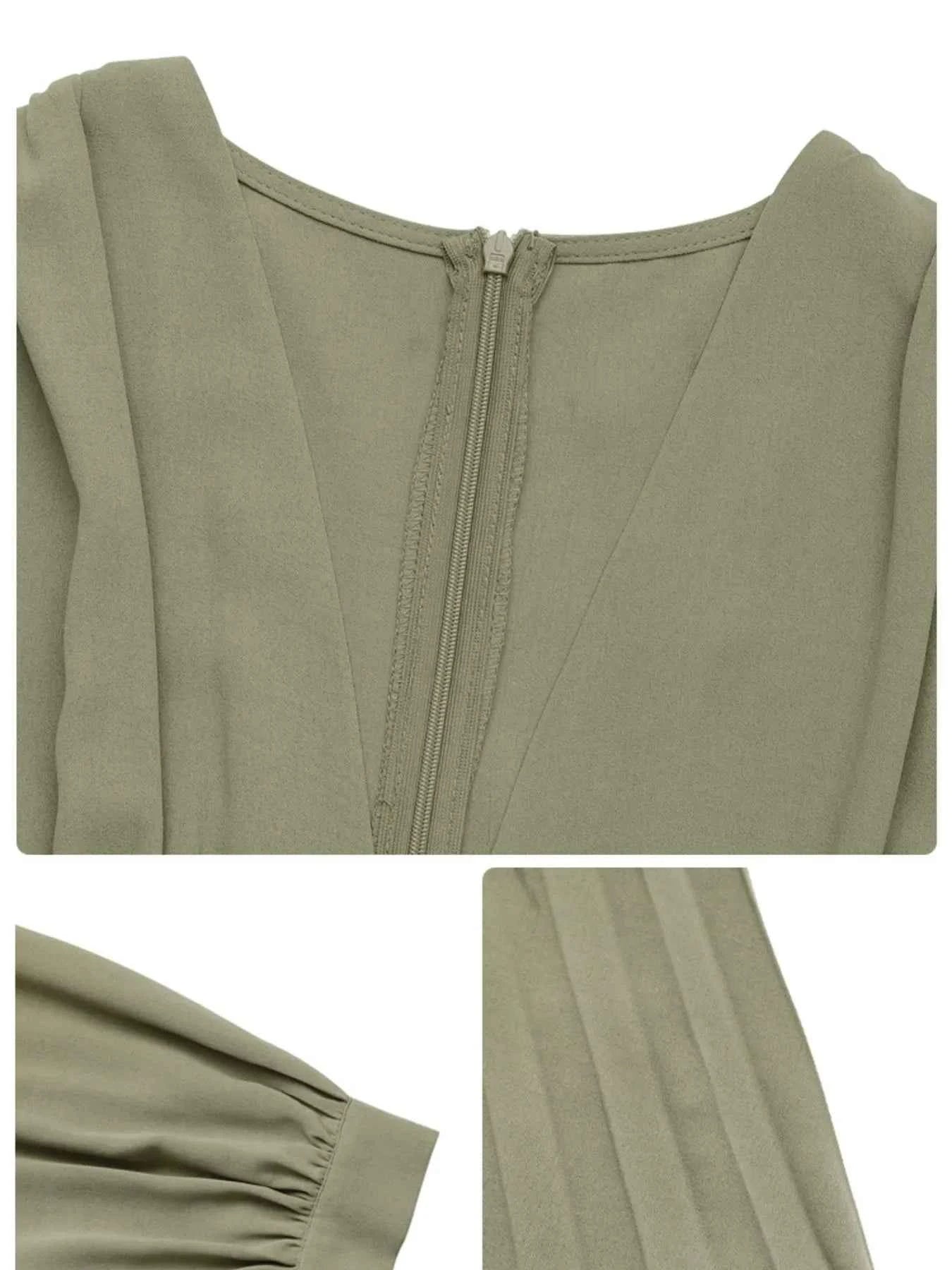 Pleated Long Sleeve V-Neck Dress.