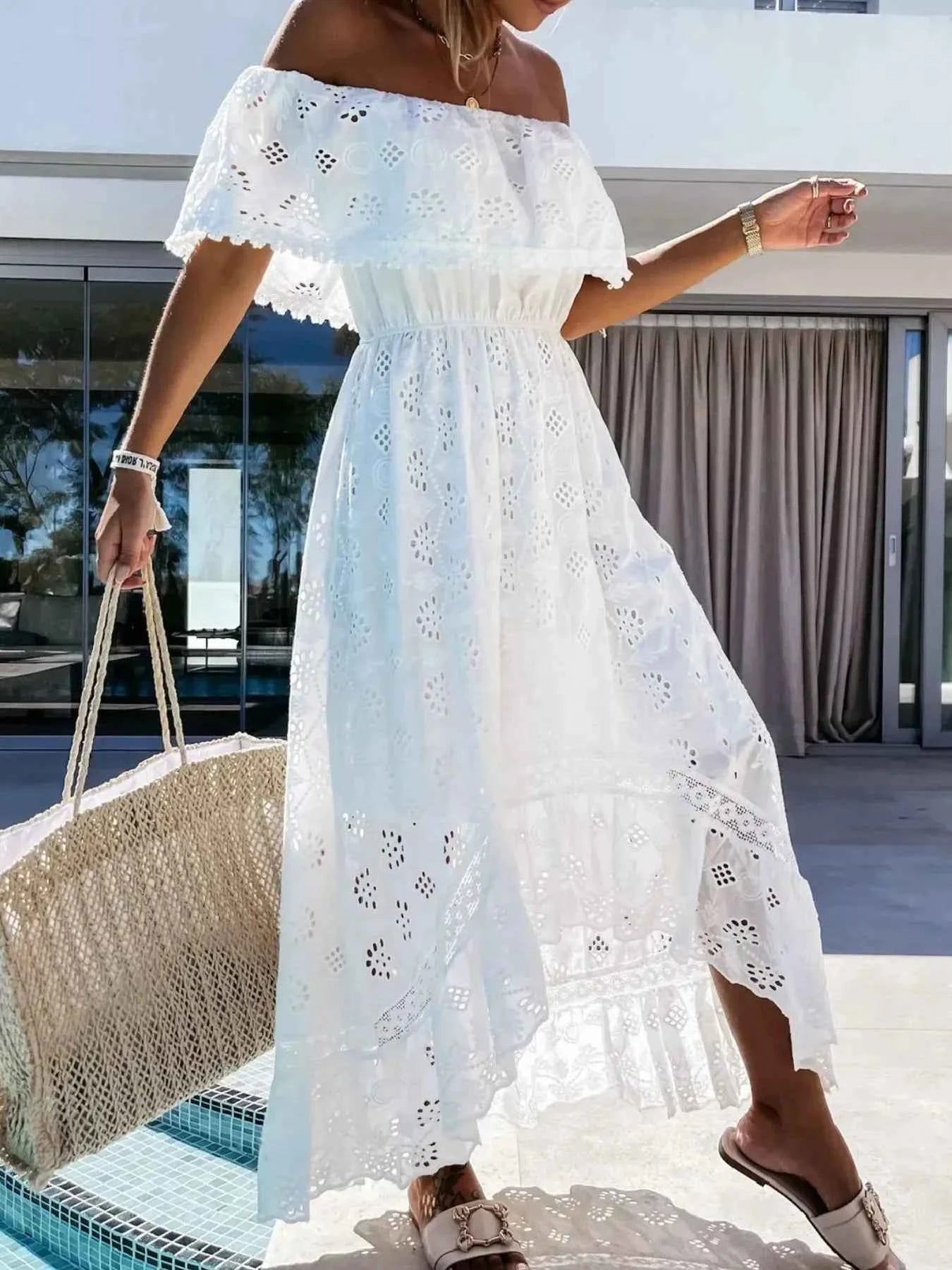 Eyelet Ruffled Hem Off-Shoulder Dress.