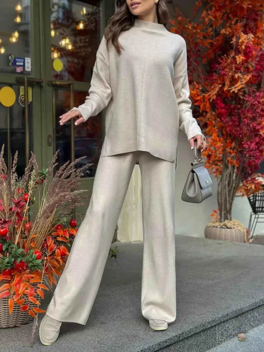 Slit Mock Neck Top and Pants Sweater Set - EBYNN