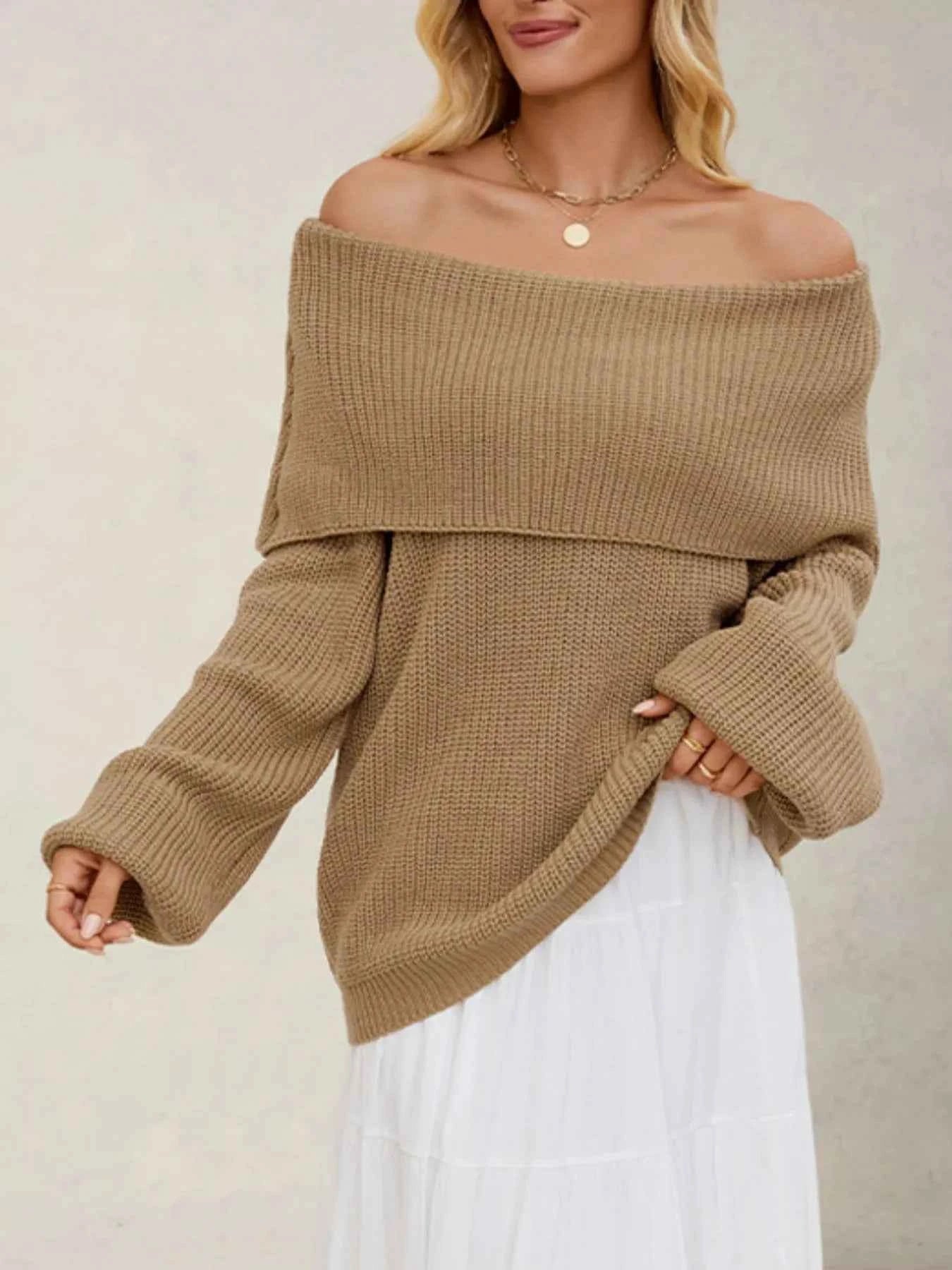 Fold-Over Collar Long Sleeve Sweater.