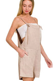 Zenana Washed Linen Knot Strap Romper in Coffee Brown.