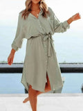 Button Down Tie Waist Shirt Dress.