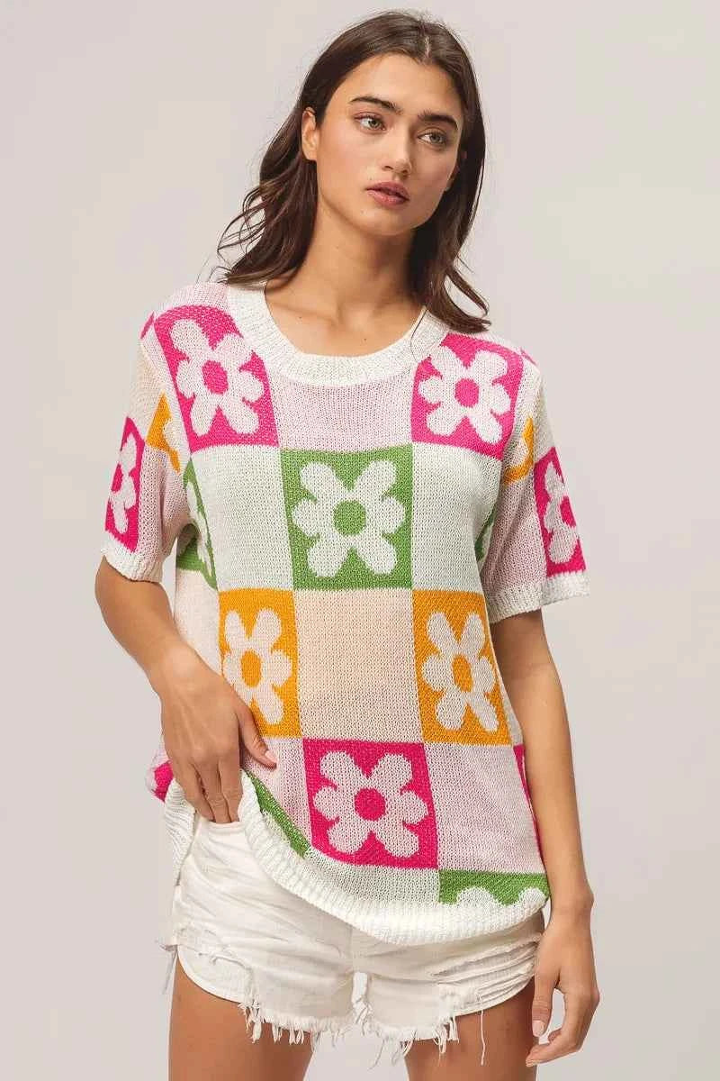 BiBi Floral Checker Pattern Lightweight Pullover Sweater.