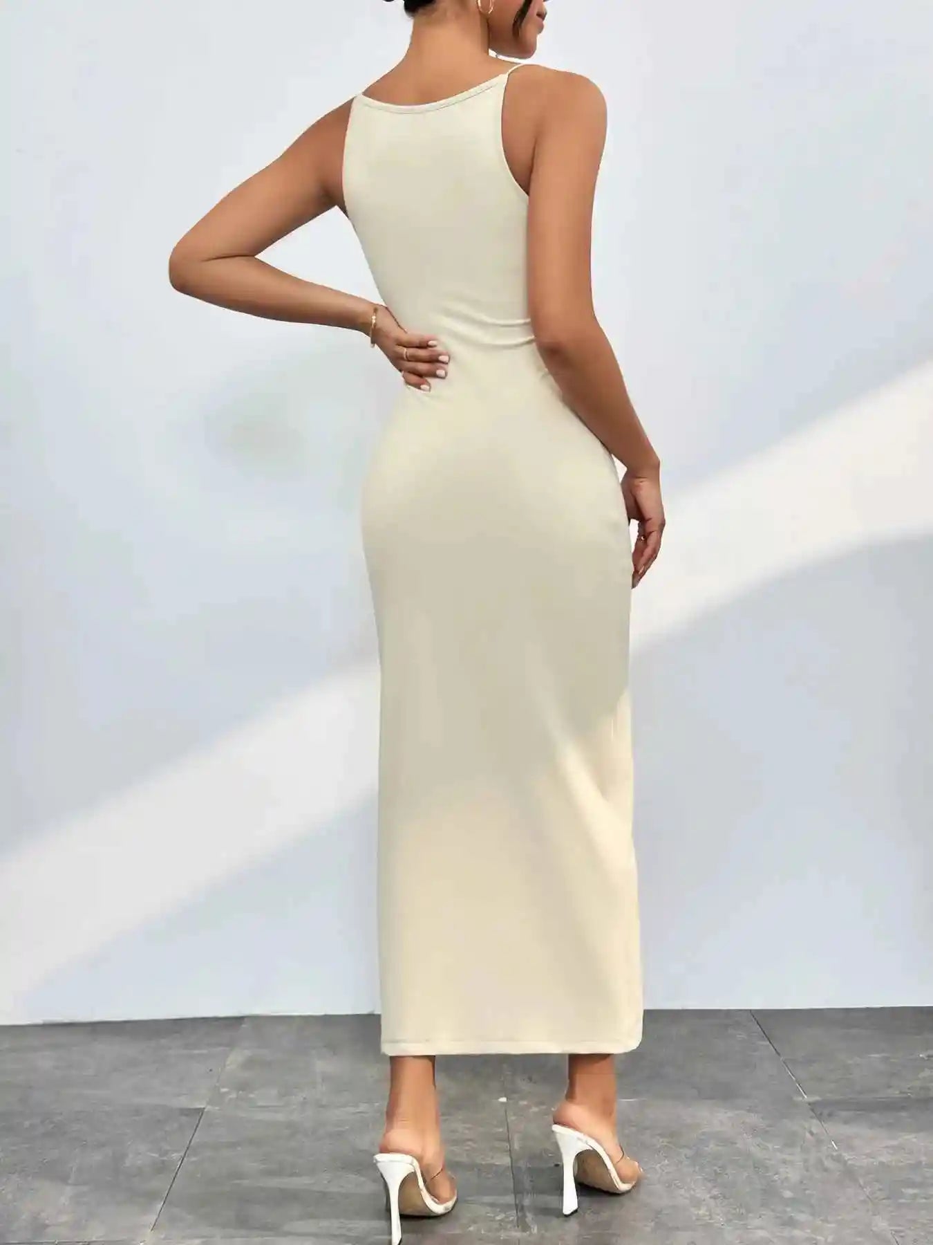 Sleek Spaghetti Straps Midi Bodycon Dress.